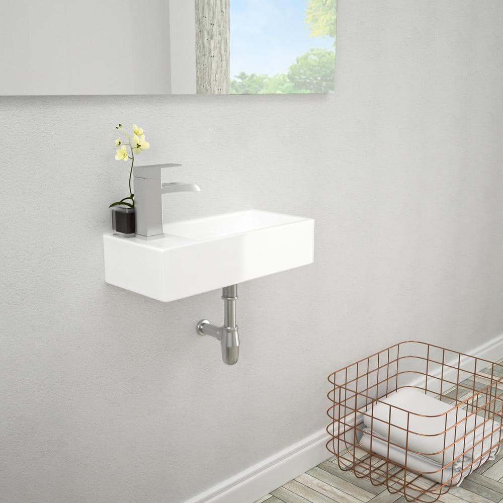 15" White Ceramic Wall-Mounted Floating Bathroom Sink