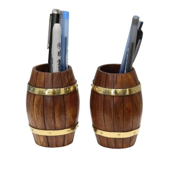 Vintiquewise Set of Two Decorative Wine Barrel Shaped Wooden Pen Holders for Office Desk, or Entryway