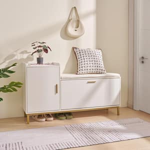 White Shoe Storage with Flip Drawers Entryway Bench Cabinet with Removable Seat Cushion