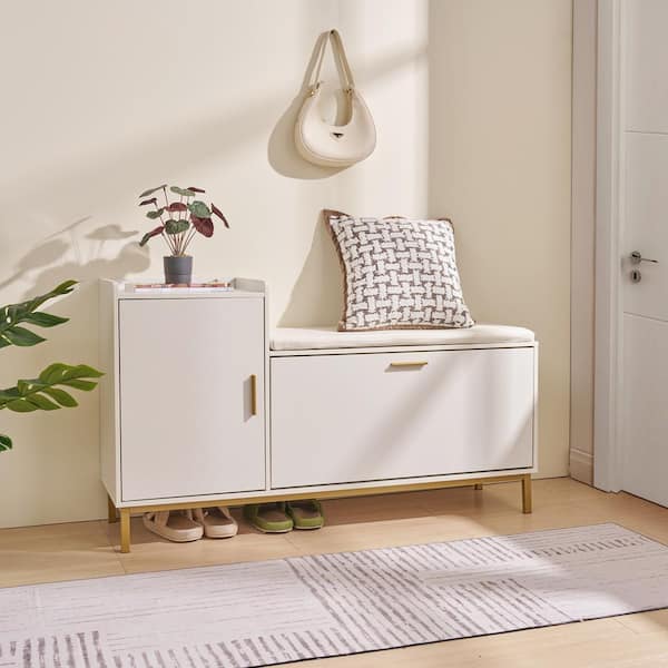 VECELO White Shoe Storage with Flip Drawers Entryway Bench Cabinet with Removable Seat Cushion