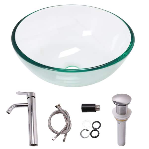 16-1/2 in. Round Vessel Bathroom Sink in Clear Glass with Chrome Faucet