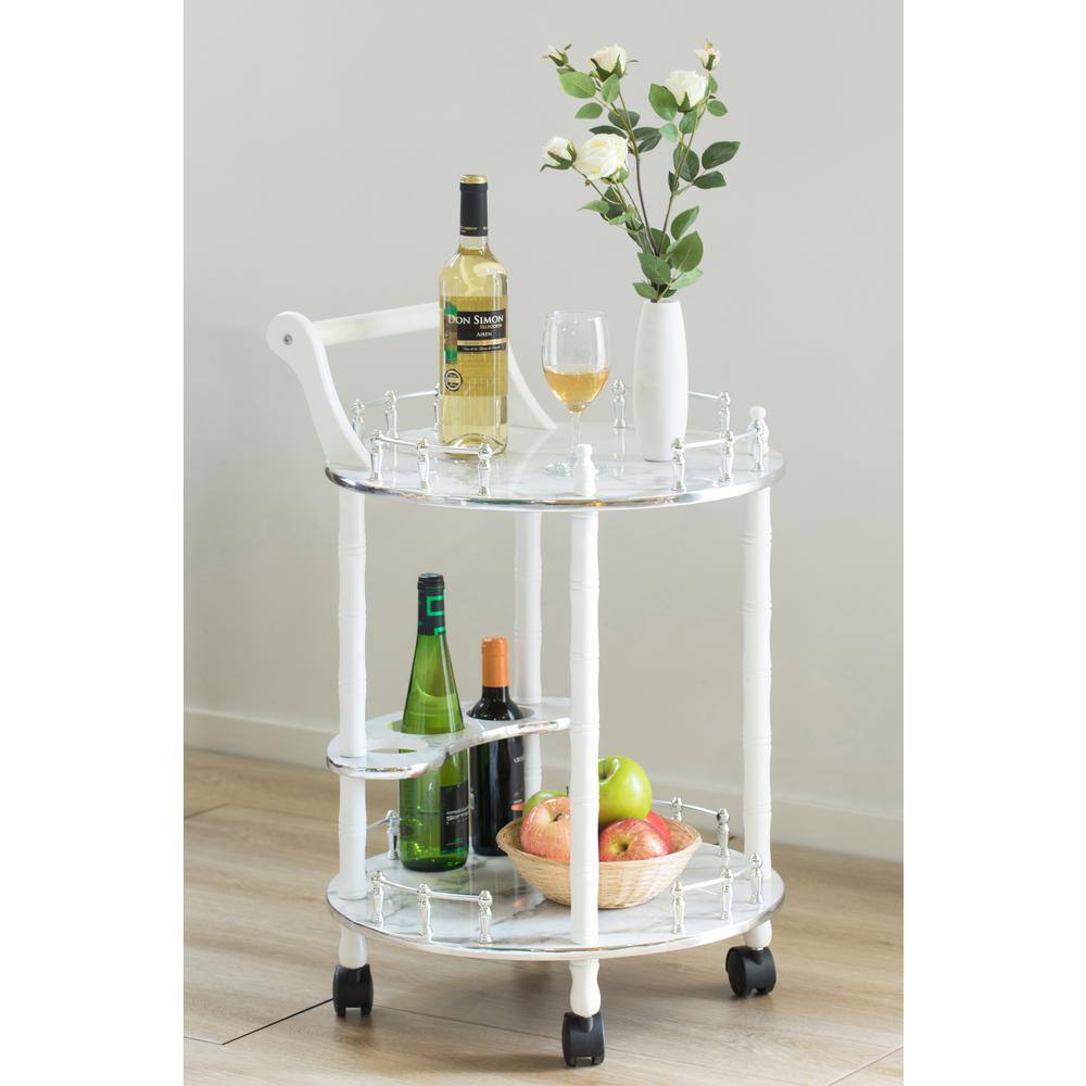 Bold Tones Round Wood Serving Silver, White and Gray Bar Cart Tea