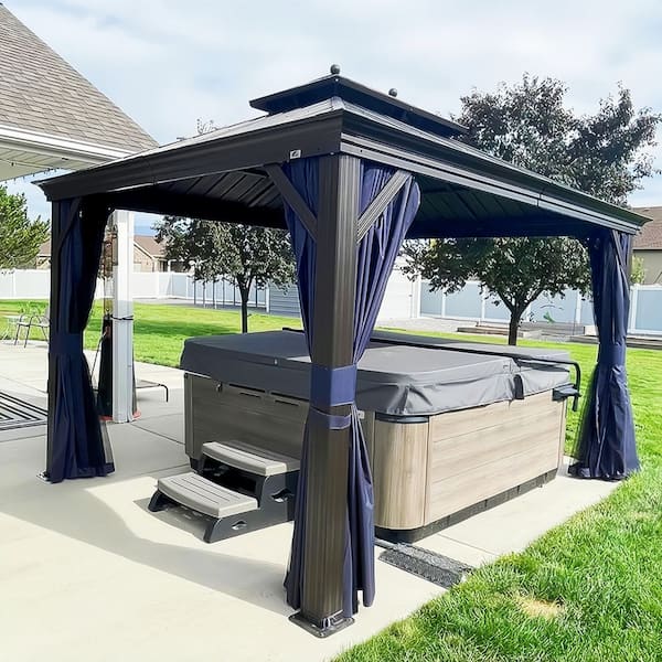 PURPLE LEAF 12 ft. x 12 ft. Bronze Aluminum Power-Coated Frame Galvanized Steel Double Roof Hardtop Gazebo Hook Netting Blue Curtain