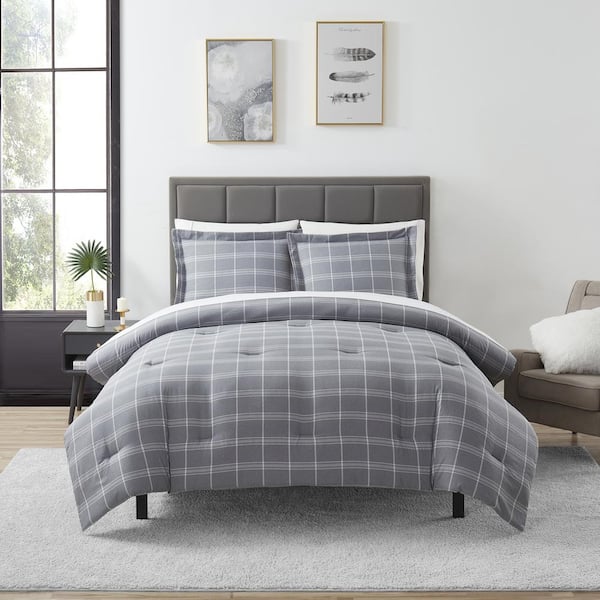 Sweet Home Collection 7-Piece Gray Chambray Weave Plaid Microfiber Full Bed in a Bag Set