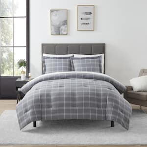 7-Piece Gray Chambray Weave Plaid Microfiber Queen Bed in a Bag Set