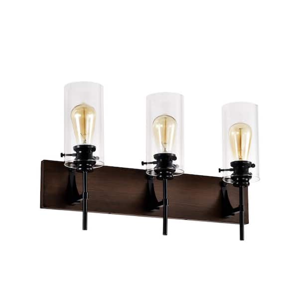 Basdien 4.72 in. 3 Light Matte Black plus Wood Color Vanity Light Fixture Bathroom Over Mirror Wall LightsFrosted Glass Shade