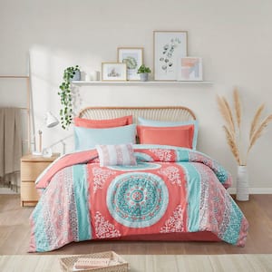 9-Piece Bed-in-a-Bag Set Coral Full Size with Bed Sheets Boho Comforter Set
