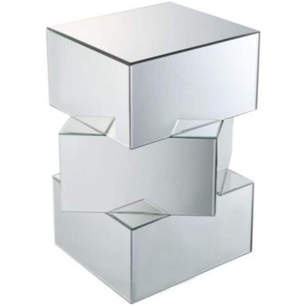 Benjara 23.62 in. H Silver Mirror and Glass End Table with Unique Geometrical Base Design