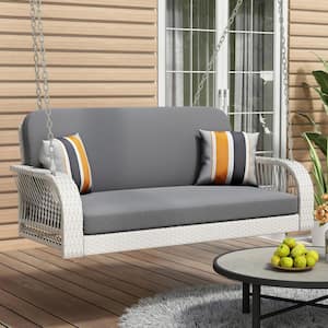 2-Person White Wicker Porch Swing with Gray Cushions