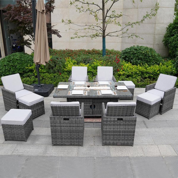 Amanda Gray Plus 10 Piece Wicker Patio Fire Pit Conversation Sofa Set with Beige Cushions