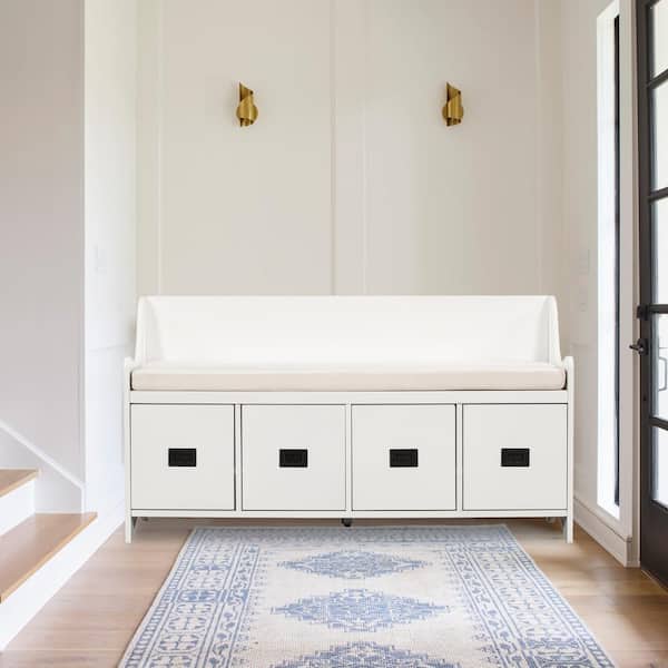 JASIWAY White Storage Bench with Movable Cushion Entryway Bench