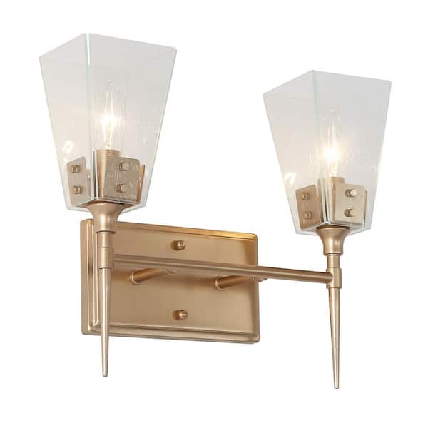 Modern 14.2 in. 2-Light Bell Gold Vanity Light Bathroom Wall Light Fixture with Seeded Glass Shades