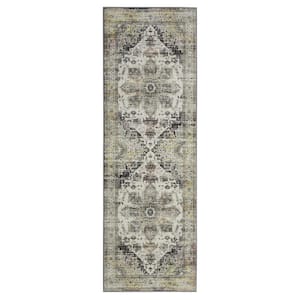 Gray 2 ft. x 6 ft. Machine Washable Floral Indoor Runner Area Rug