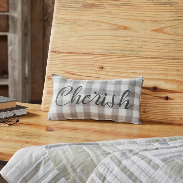 VHC Brands Finders Keepers Soft White, Ash Grey Farmhouse Checkered Cherish 7 in. x 13 in. Throw Pillow