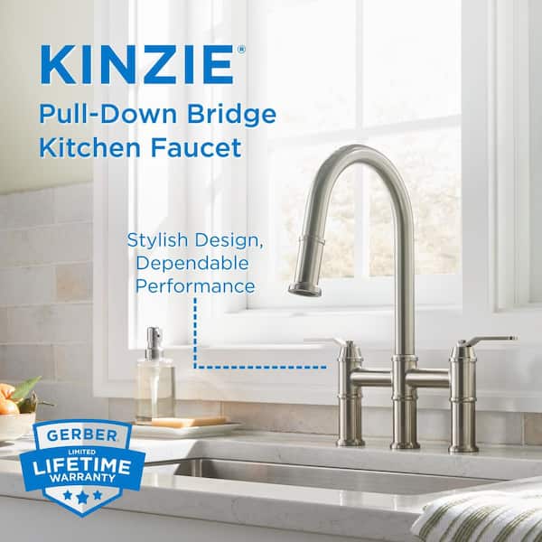 Kinzie Double Handle Pull Down Sprayer Bridge Kitchen Faucet 1.75 GPM in Stainless Steel