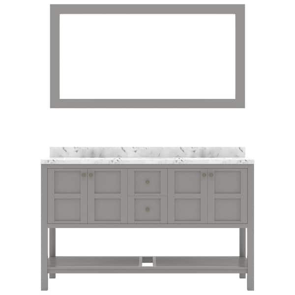 Virtu USA Winterfell 60 in. W x 22 in. D x 37 in. H Double Sink Bath Vanity in Gray with Quartz Top and Mirror