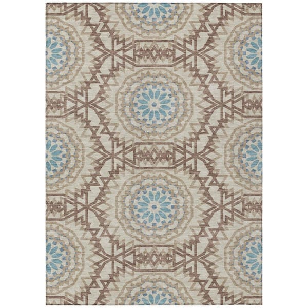 Khaki, Brown, Taupe 8 ft. x 10 ft. Woven Floral, Medallion Polyester Rectangle Indoor/Outdoor Area Rug