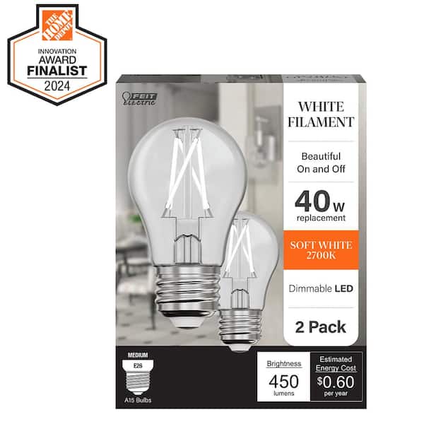Feit Electric 40-Watt Equivalent A15 Dimmable White Filament CEC Clear Glass E26 LED Ceiling Fan Light Bulb, Soft White 2700K (2-Pack)