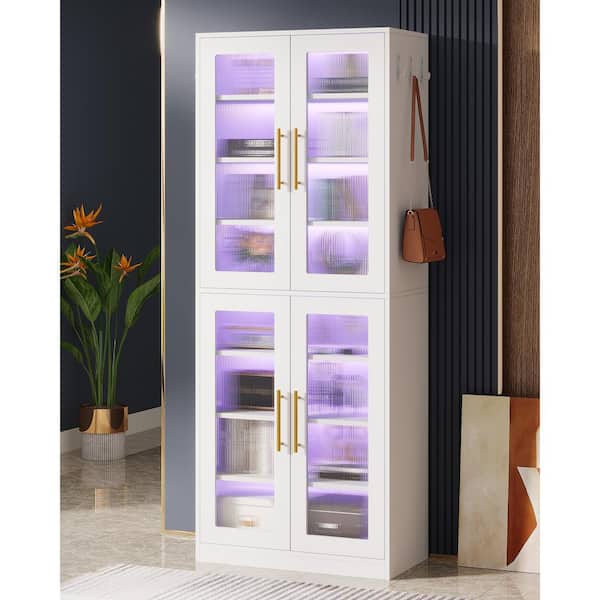 White 24.8 in. W Display Cabinet with Doors and LED Lights, Tall Storage Cabinet for Living Room