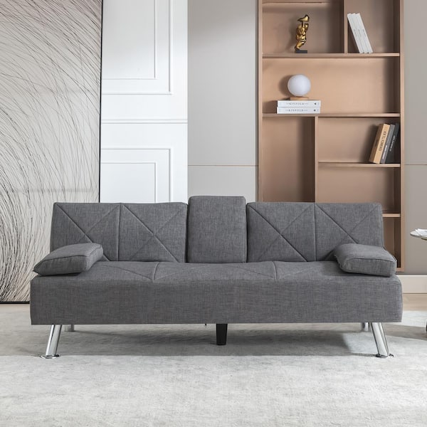 VECELO 20 in. Straight Arm 3-Seater Linen Convertible Sofa in Gray