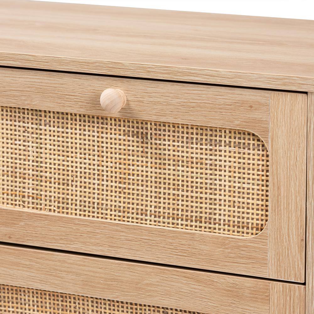 Elsbeth Oak Brown Wood and Natural Rattan 5-Drawer Storage Cabinet