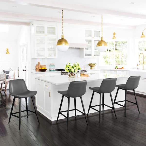 35 in. H Dark Grey 24 in. Low Back Metal Frame Cushioned Counter Height Bar Stool with Faux Leather seat (Set of 4)