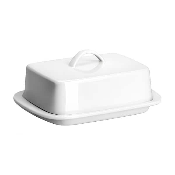 White Porcelain 7.7 in. 8 oz. Large Butter Dish with Lid for Countertop Handle Cover Design for East West Coast Butter