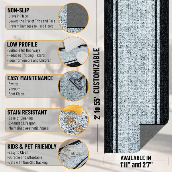 Ascend Non-Slip Rubberback 3 ft.x9 ft. Indoor Custom Cut Runner Rug 2 ft. 7 in. x 9 ft., Gray Border