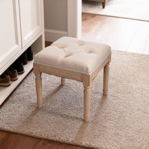 Edwin Rustic Beige Cotton Linen Accent Ottoman with Solid Wood Legs