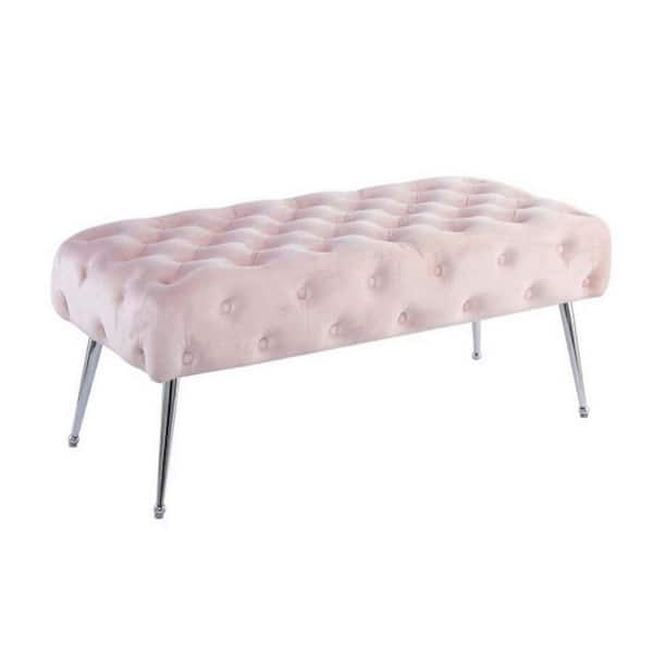 Benjara Pink and Chrome 48 in. Backless Bedroom Bench with Tufted Padded Seat and Angled Tapered Legs