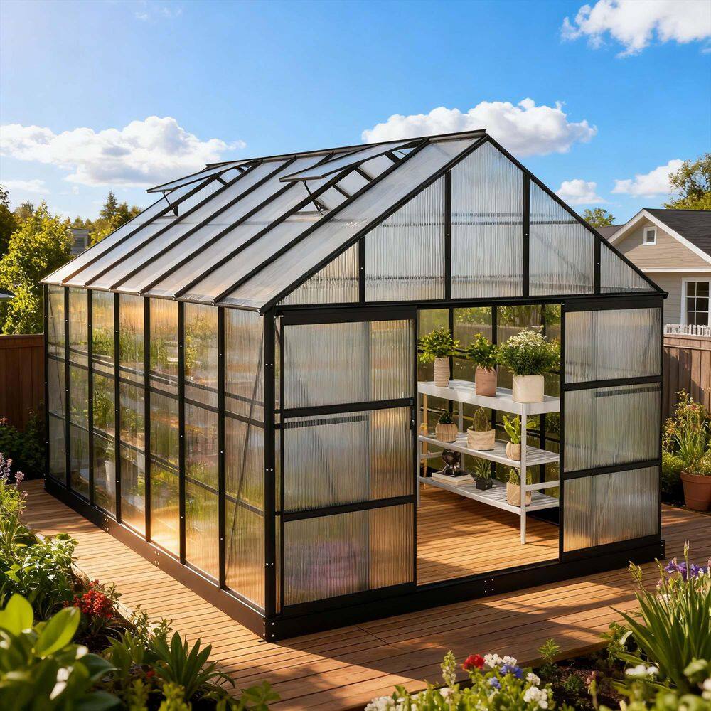 10 ft. W x 16 ft. D Polycarbonate Greenhouse For Outdoors, Green House Kit with Adjustable Roof Vent, Black price history on PriceWatchPro