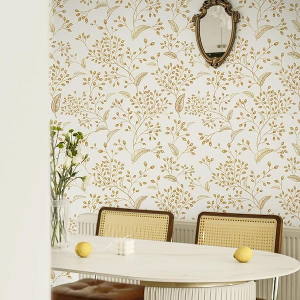 White and Gold Floral Contact Paper Peel and Stick Wallpaper Roll