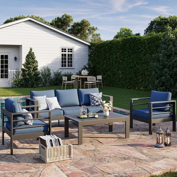 4-Piece Aluminium 5-Seat Outdoor Patio Conversation Set with Blue Cushions