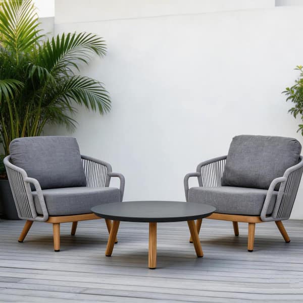 3-Piece Modern Rope Patio Conversation Set with Dark Grey Cushions and Round Coffee Table