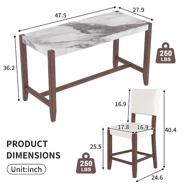 5-Piece Rectangular Beige/White Wood Top Dining Table Set Seats 4 with Faux Marble Bar Table and 4 Upholstered Chairs
