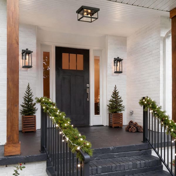 Modern 2-Light Matte Black Outdoor Flush Mount Ceiling Light with Clear Glass Shade for Covered Exterior Porch Entryway