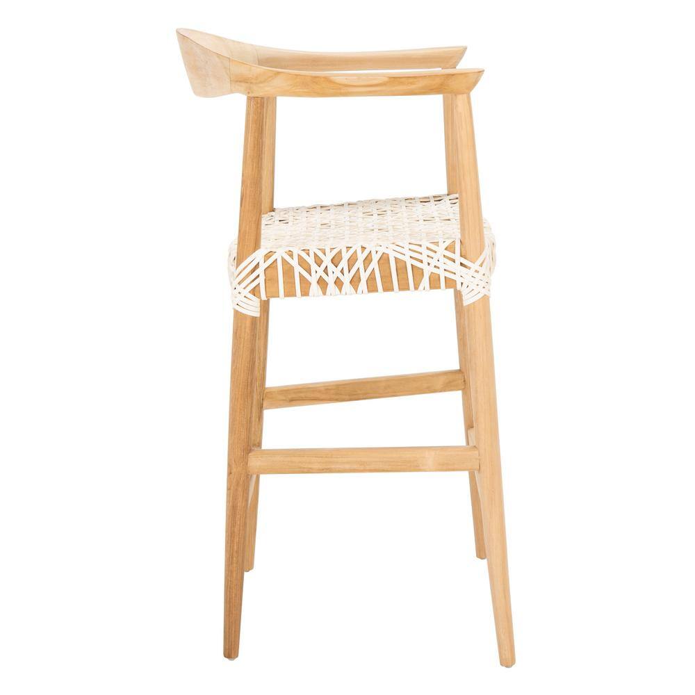 Curved Natural Teak & Woven White Leather Counter Stool