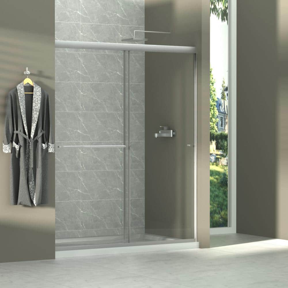 60" Chrome Semi-Frameless Sliding Shower Door with Clear Glass
