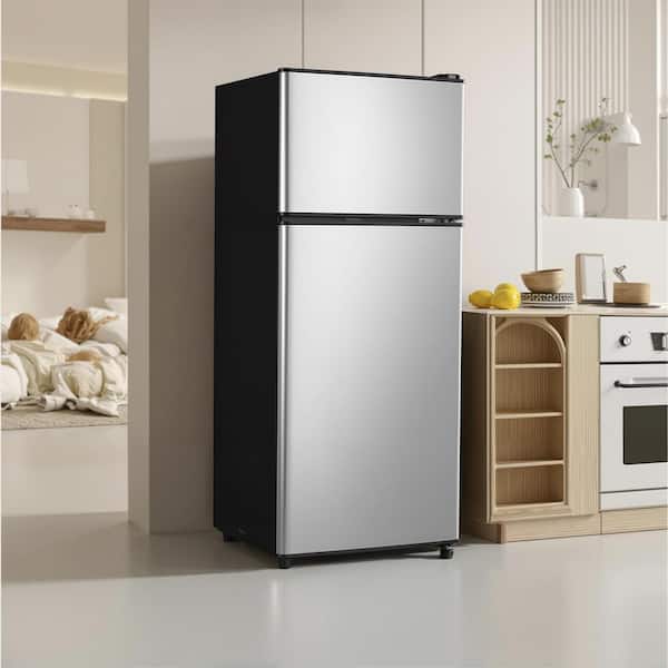 3.8 cu. ft. Mini Refrigerator Double Doors Fridges with Freezer 7-Level Temp Adjustable, Removable Glass Shelf in Silver