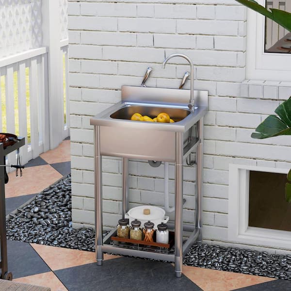 Unbranded 21.70 in. D x 19.70 in. W Freestanding Laundry/Utility Sink with Cold and Hot Water Pipe and Storage Shelf in Silver