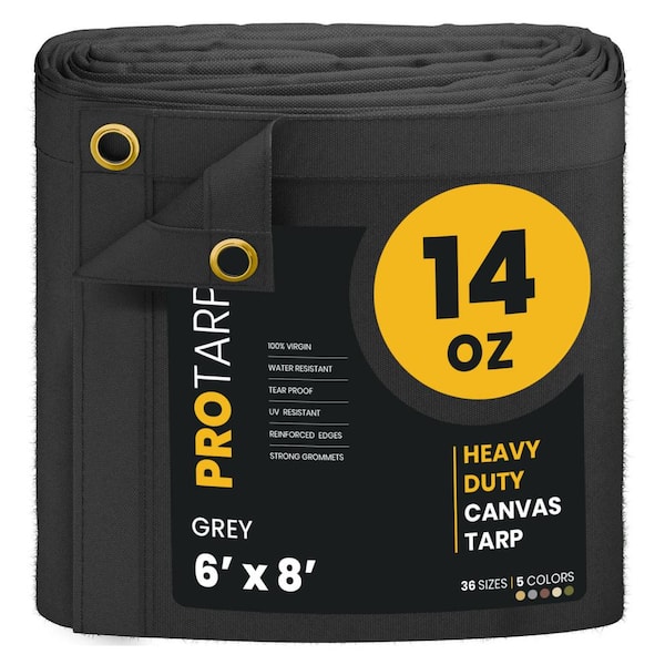 Heavy Duty 14 oz. Water Resistant Canvas Tarp, UV Resistant Tarpaulin Cover Grey 6 ft. x 8 ft.