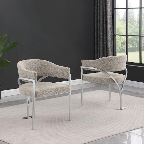 Best Quality Furniture Rory Gray Boucle Fabric Dining Chair Set of 2 with Chrome Base