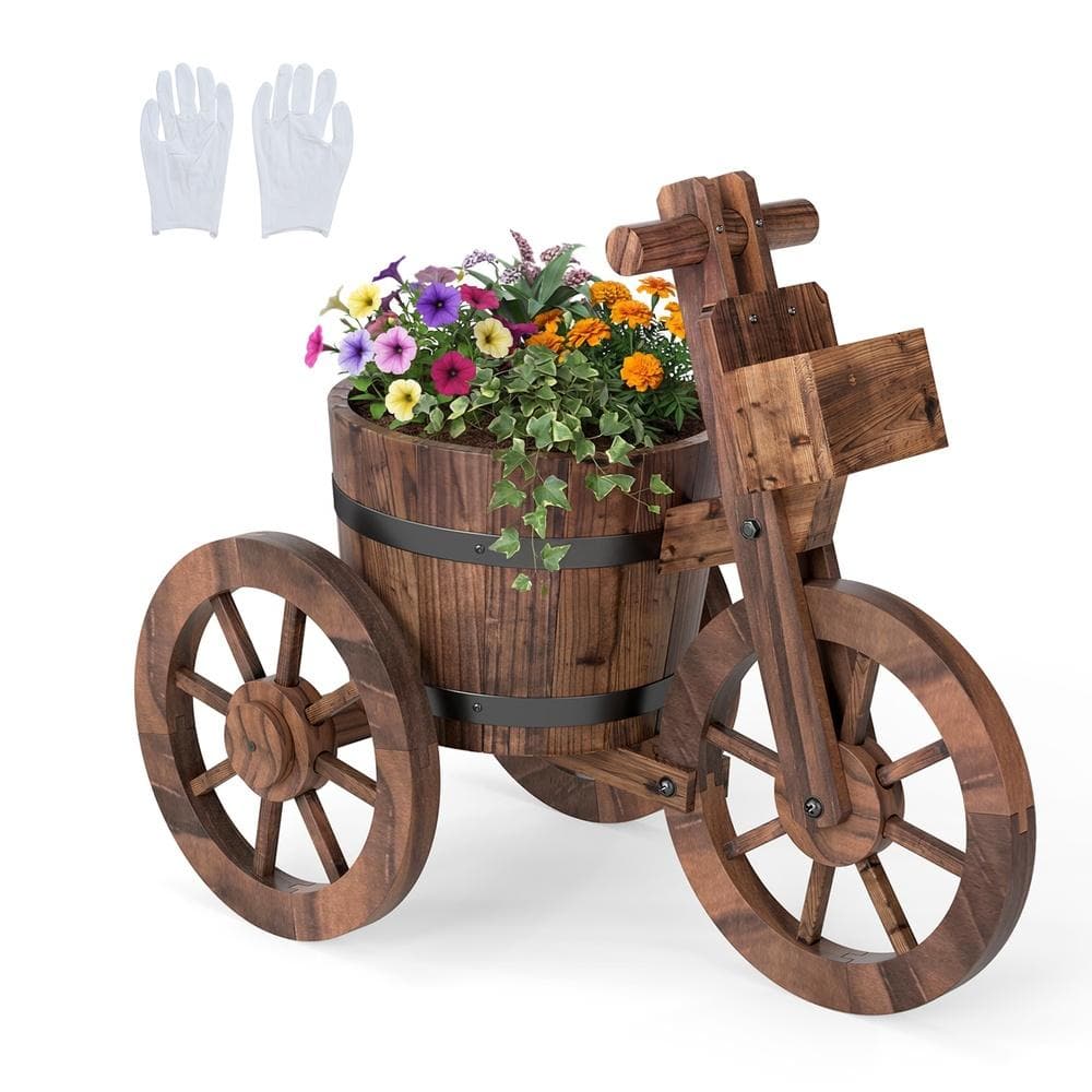 Rustic Wood Tricycle Planter with Wheels and Storage Box for Garden-Coffee price history on PriceWatchPro