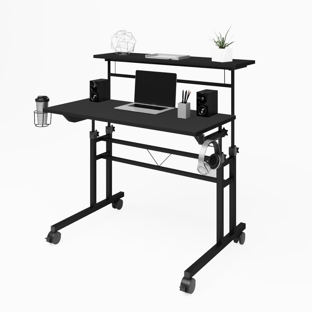 Adjustable Height Black Mobile Writing Desk with Cup Holder and Headphone Hook