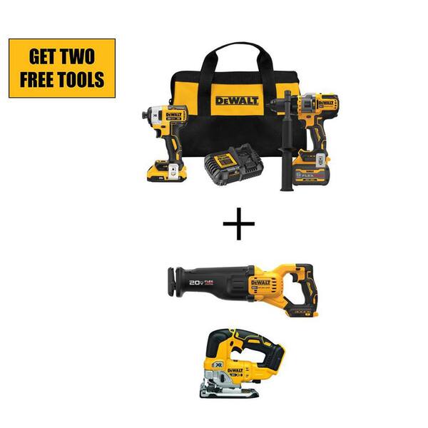 DEWALT 20V MAX Cordless Brushless Hammer Drill/Driver Combo Kit, 20V Reciprocating Saw, and 20V Jigsaw