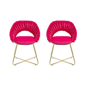 Rose Red Upholstery Mid-Century Accent Chair Set of 2 with Round Armrest and Golden Legs for Living Room Kitchen Bedroom