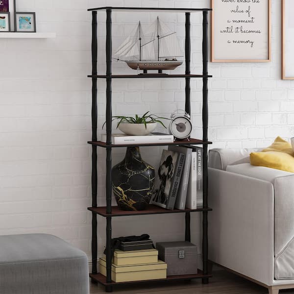 Furinno 57.4 in. Tall Dark Cherry/Black 5-Shelves Etagere Bookcases