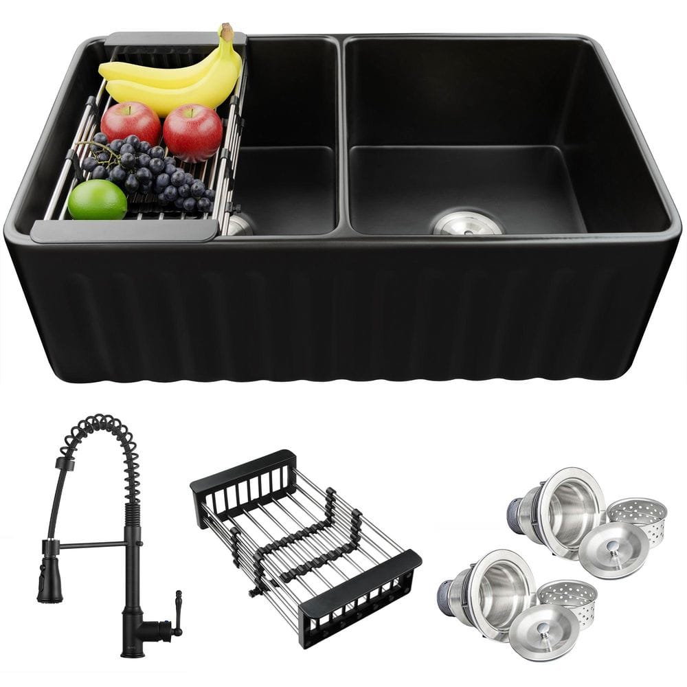 Black Fireclay 33 in. Double Bowl Apron-Front Kitchen Sink with Faucets Basket Strainer price drop on PriceWatchPro