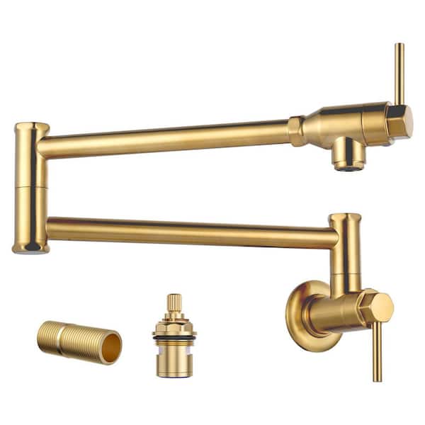Commercial Solid Brass Wall Mounted Pot Filler Faucet with Double-Joint Swing Arm in Brushed Gold