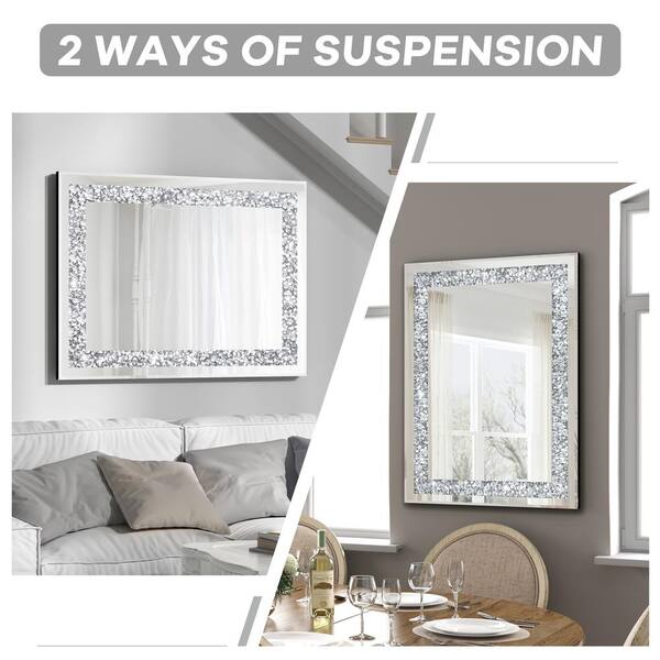 Crystal Rhinestone Diamond Hanging Wall Mirro Arch Silver Wall Mirror with  Iron Chain for Wall Decoration Large 18 x26 inch Wall Hang Frameless Mirror